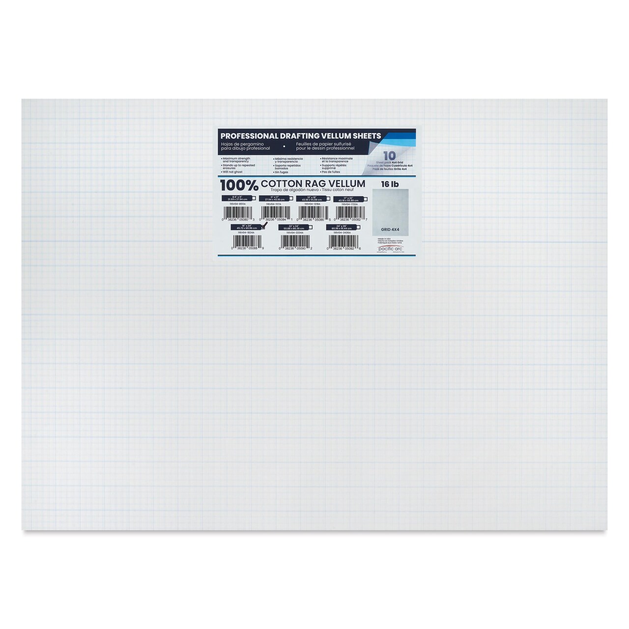 Pacific Arc Gridded Drafting Vellum Pack - 4 x 4 Grid, 18" x 24". Pkg of 10